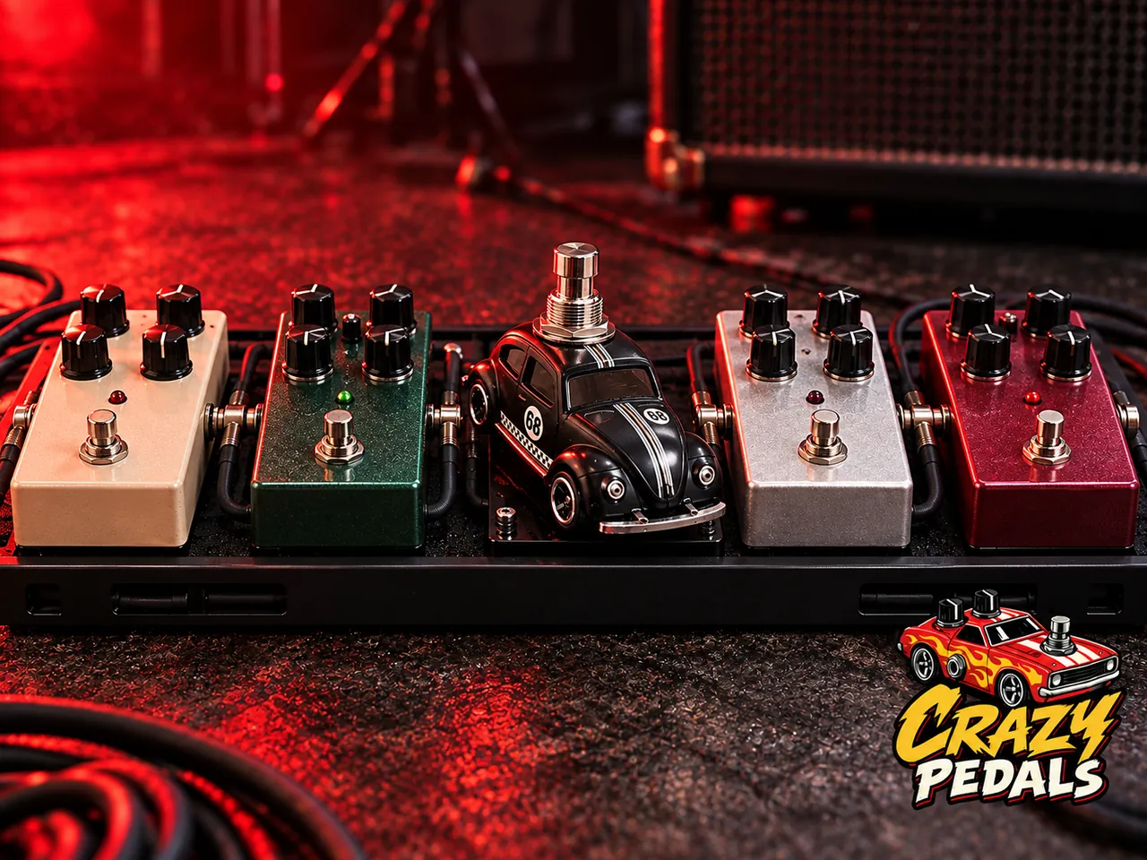Pedalboard visto de frente com quatro pedais de efeito e o Fusca 68 da Crazy Pedals no centro