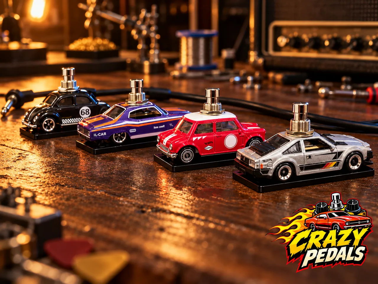 Quatro pedais Crazy Pedals alinhados em uma bancada de oficina: Fusca, muscle car roxo, Mini e cupê prata