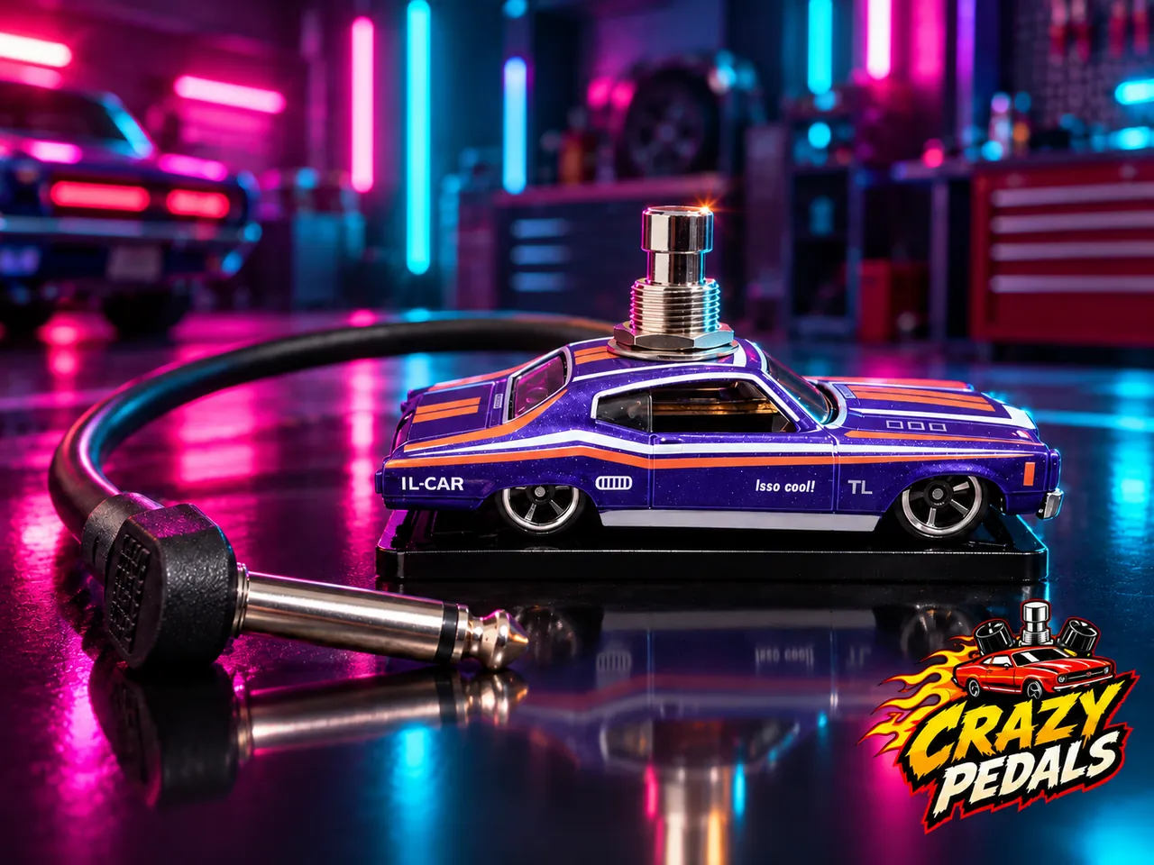 Pedal muscle car roxo em uma garagem com luzes neon