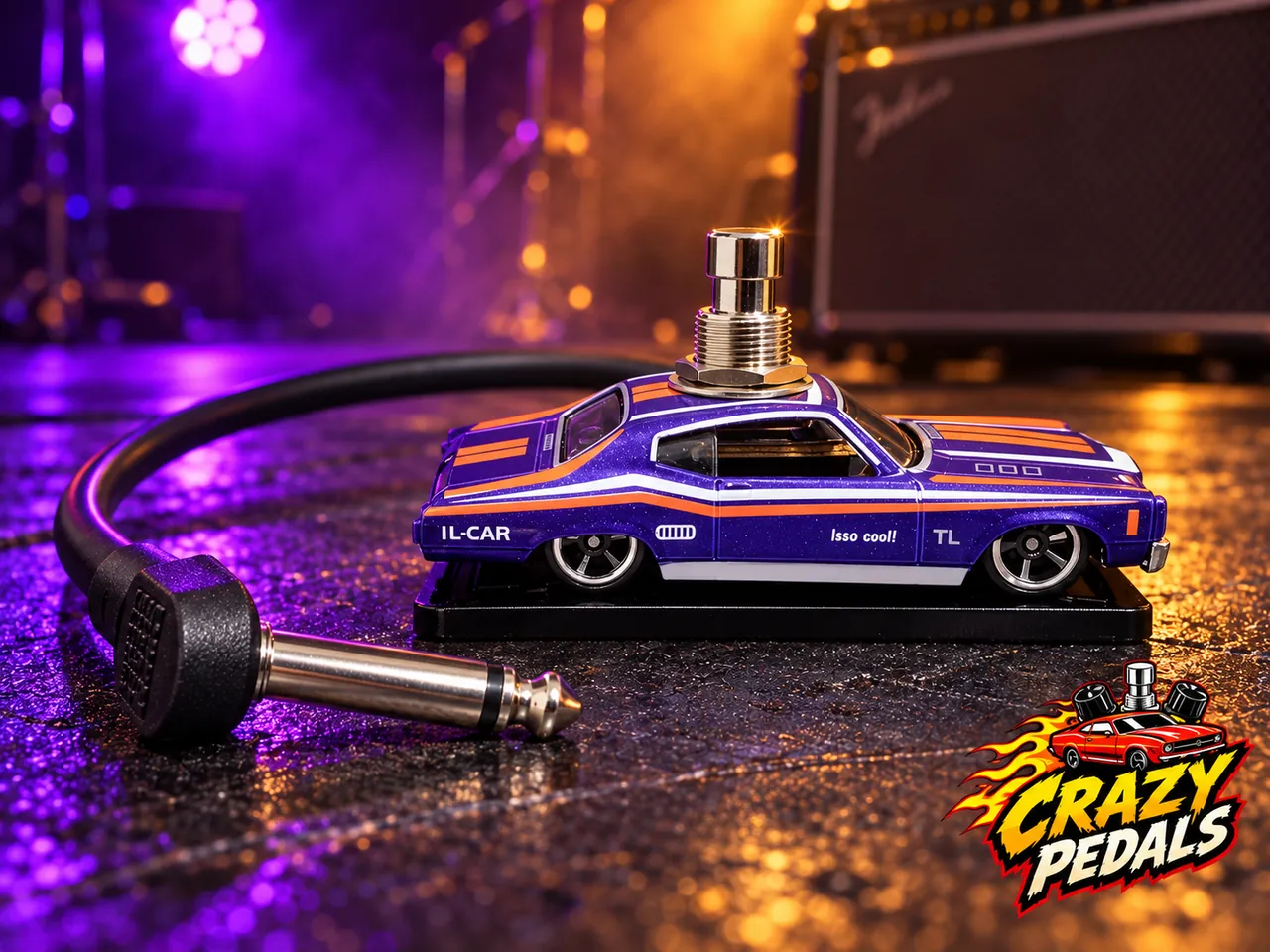 Pedal muscle car roxo com faixas laranja no palco